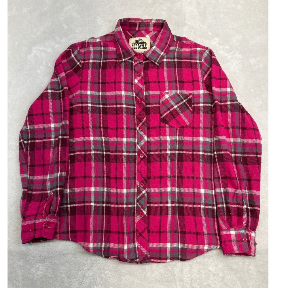 Old Mill Flannel Button Down Women L Pink Plaid Roll Tab Long Sleeve Cotton